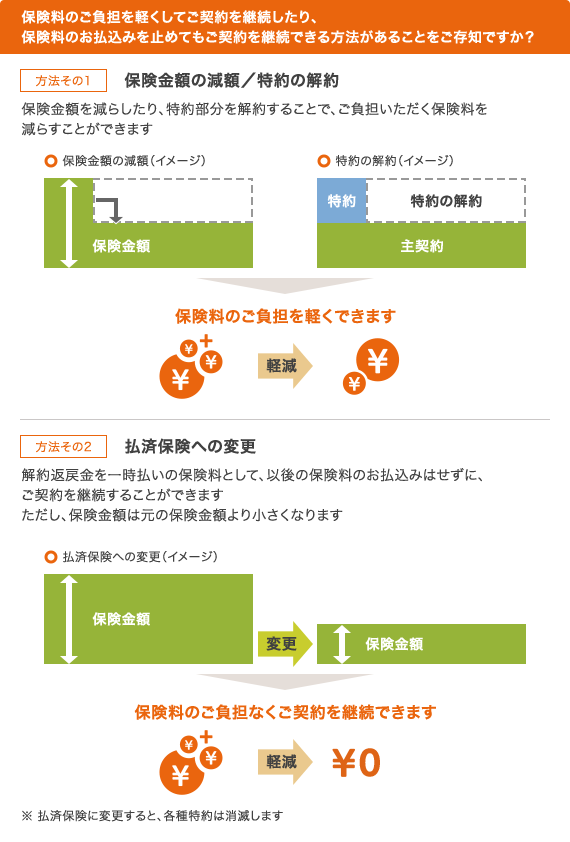 保険料のご負担を軽くしてご契約を継続したり、保険料のお払込みを止めてもご契約を継続できる方法があることをご存知ですか？ 方法その1：保険金額の減額／特約の解約 保険金額を減らしたり、特約部分を解約することで、ご負担いただく保険料を減らすことができます。 保険金額の減額（イメージ） 特約の解約（イメージ） 保険料のご負担を軽くできます。 方法その2：払済保険への変更 解約返戻金を一時払いの保険料として、以後の保険料のお払込みはせずに、ご契約を継続することができます。ただし、保険金額は元の保険金額より小さくなります。 払済保険への変更（イメージ） 保険料のご負担なくご契約を継続できます。 ※ 払済保険に変更すると、各種特約は消滅します